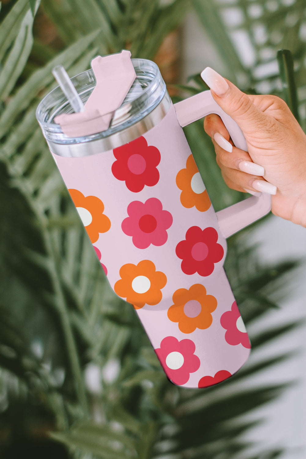 Flower Tumbler Stainless Steel Cup 40oz With Handle Vacuum Insulation