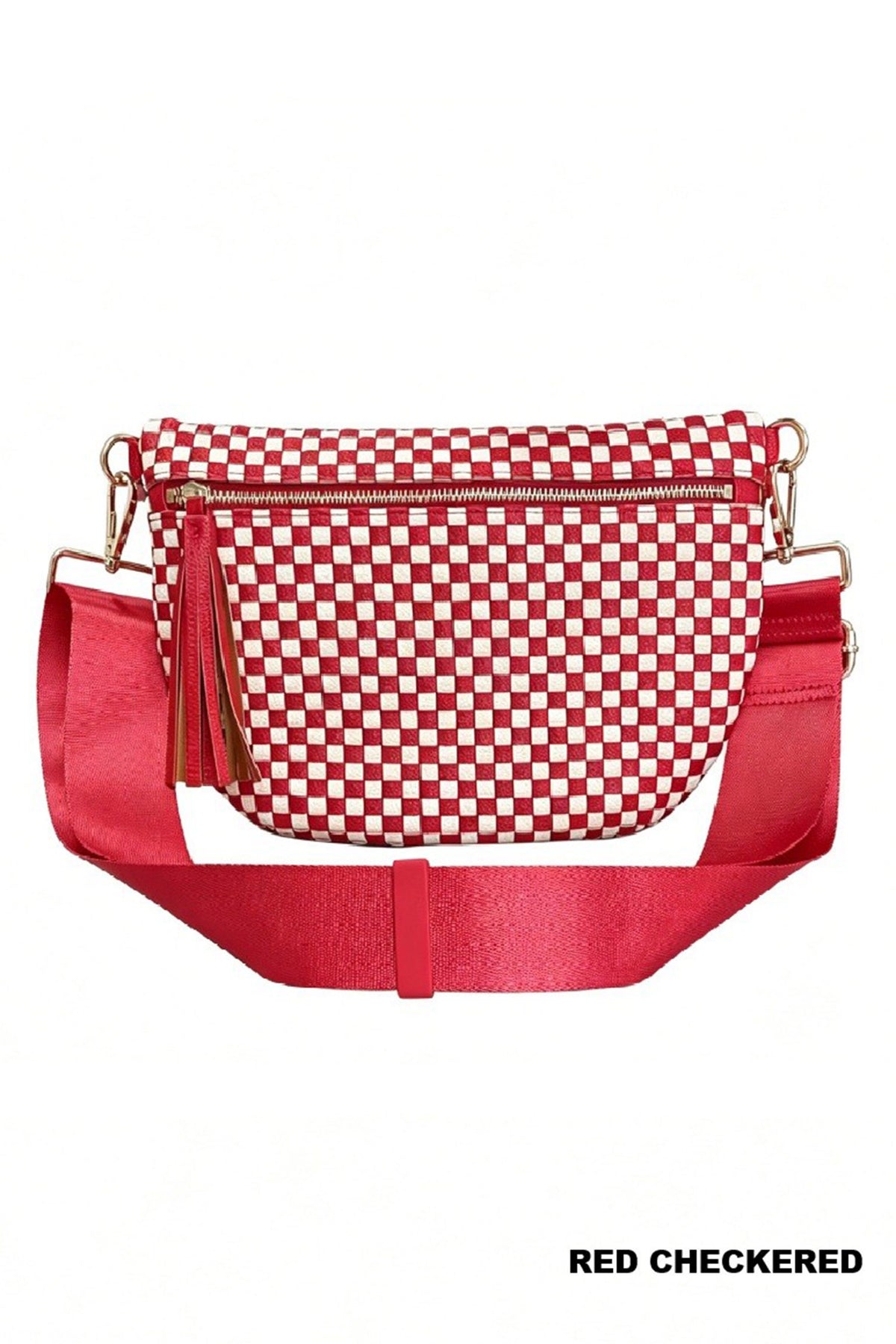 White Checkered Woven PU Leather Crossbody Bag Adjustable Strap Large Size