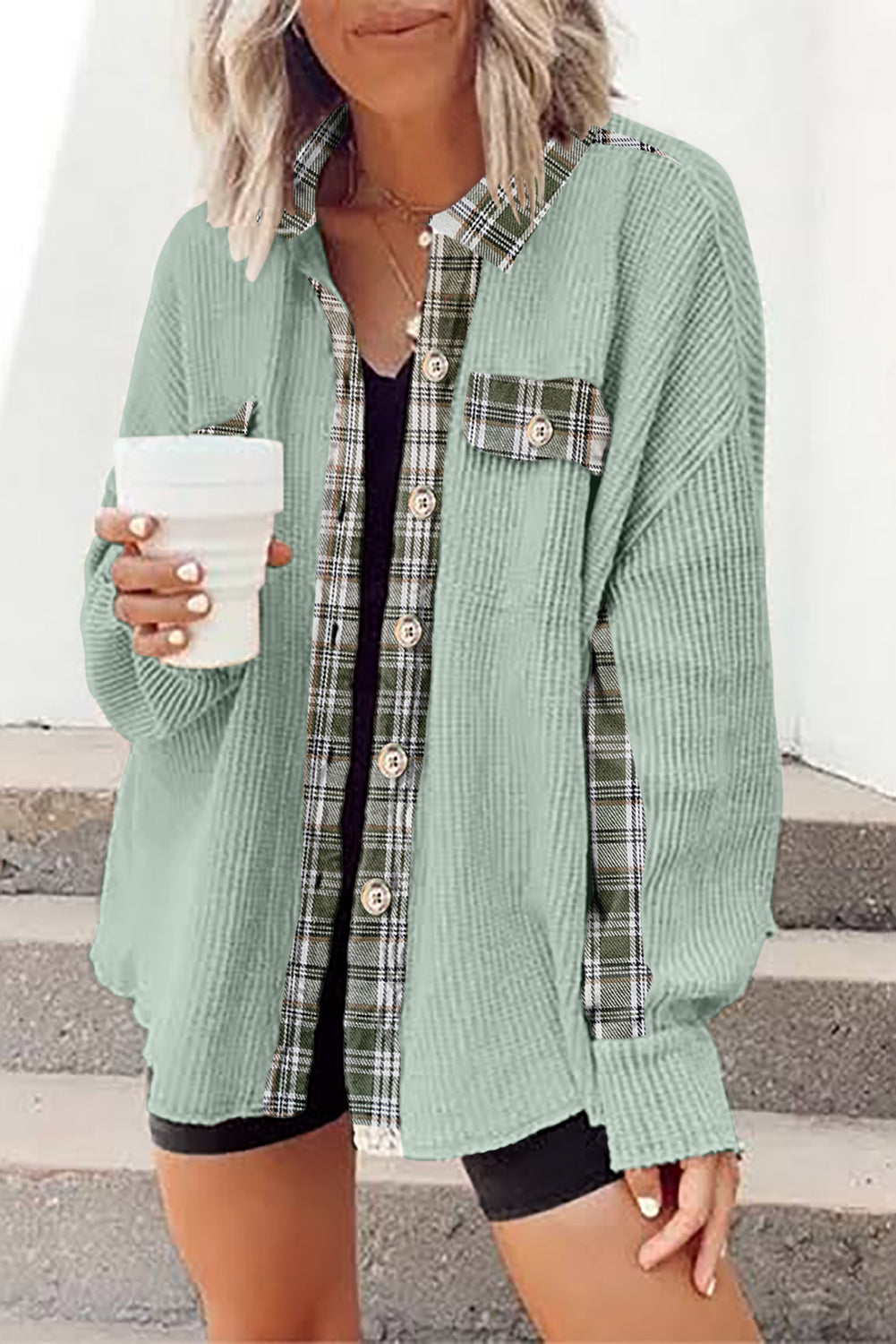 Meadow Green Plaid Patchwork Waffle Thermal Knit Shacket