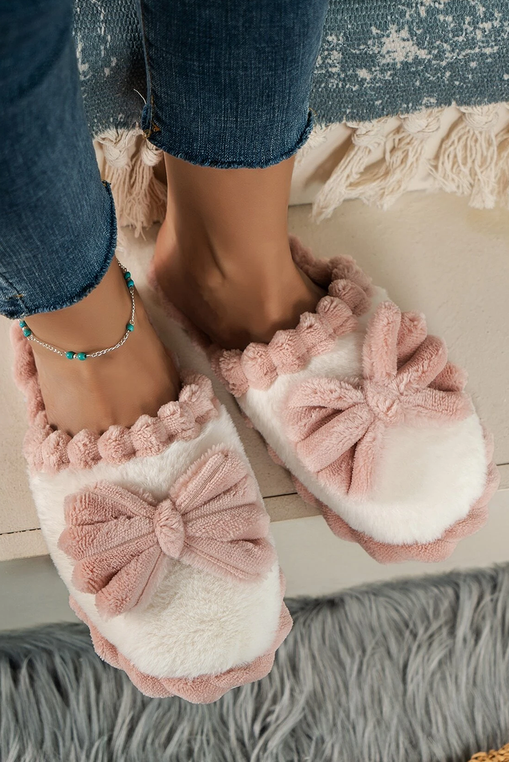 Pink Bow Color Block Ribbed Plush Slippers