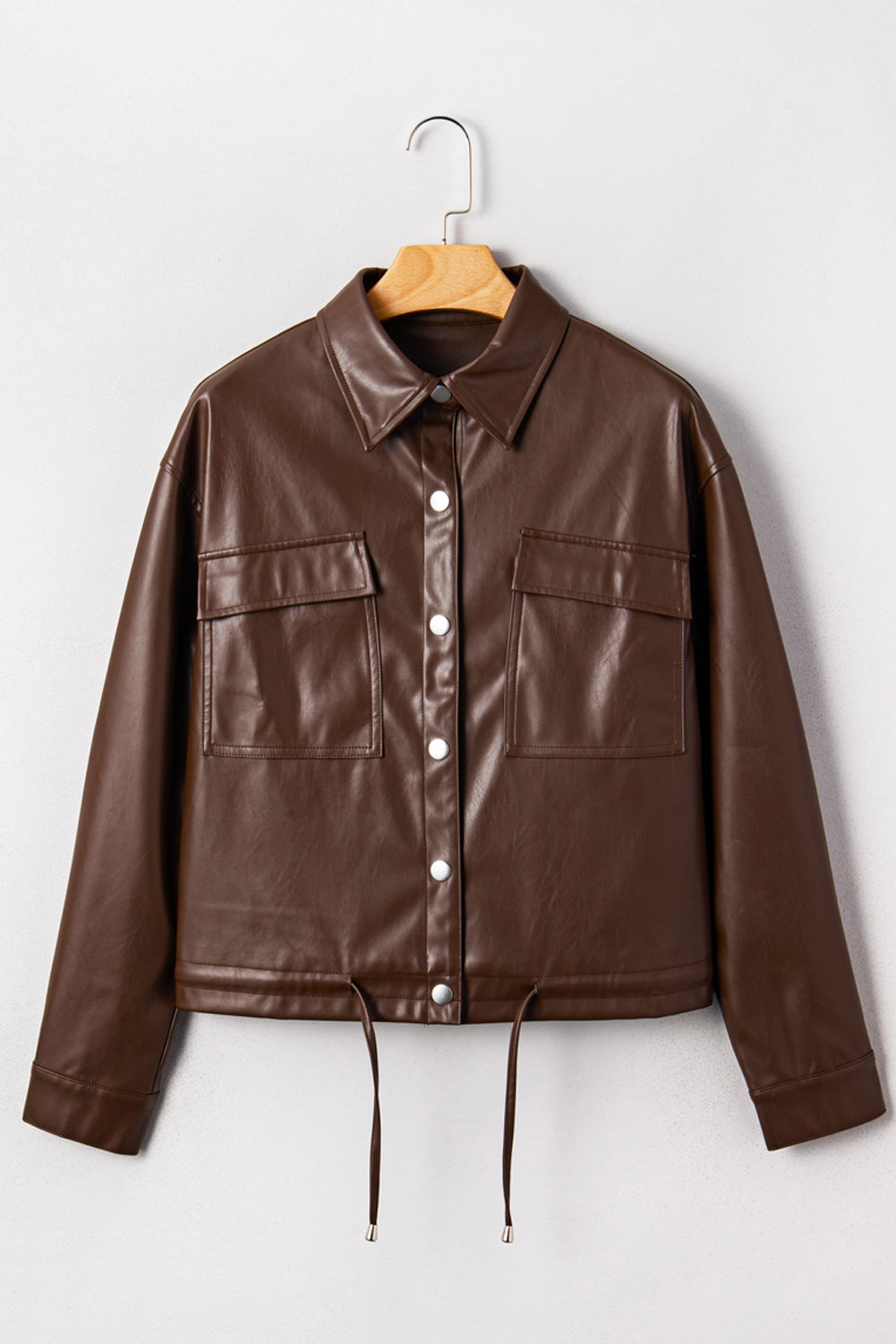 Chicory Coffee Double Flap Pocket Drawstring Hem Leather Jacket