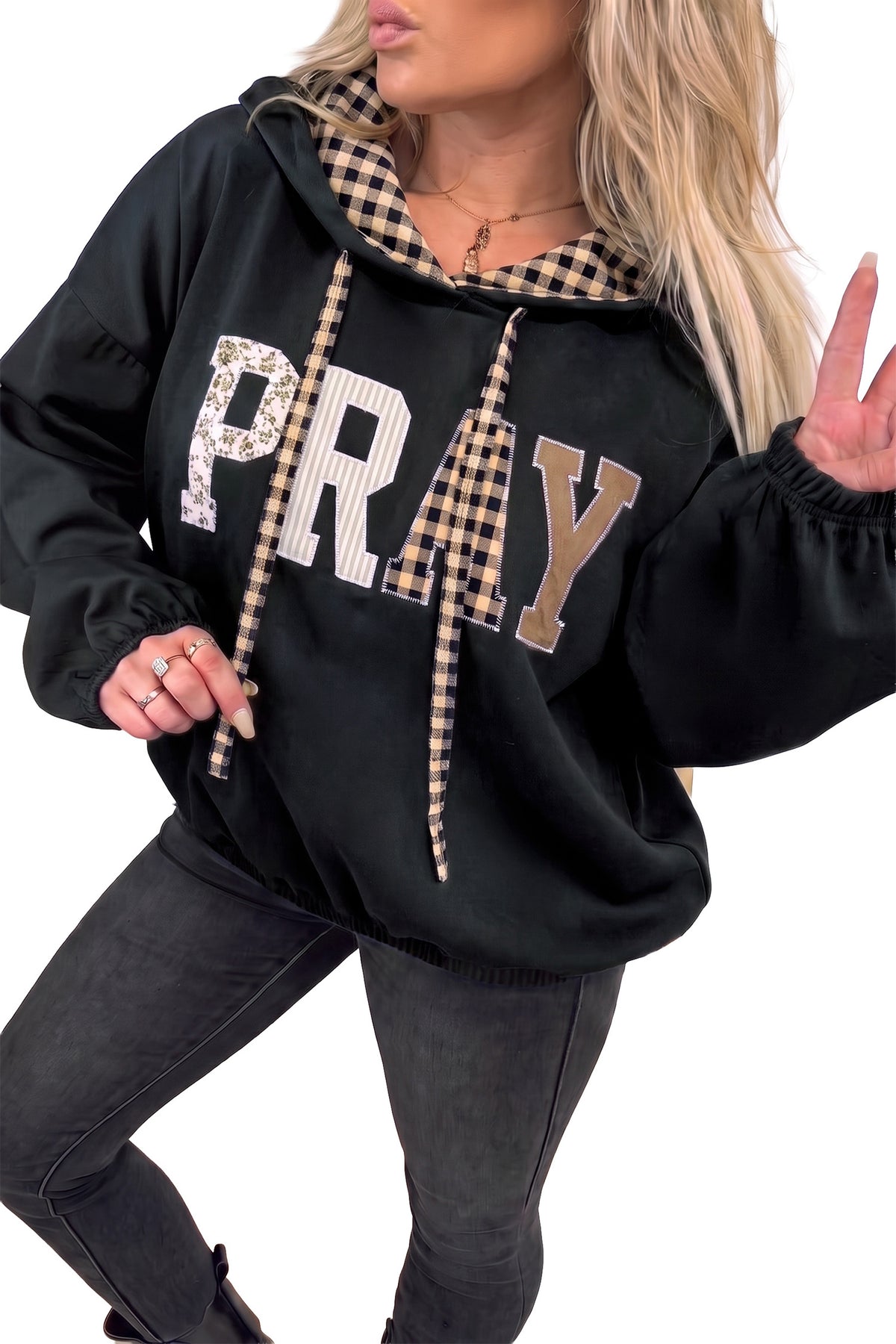 Chicory Coffee PRAY Mix Pattern Letter Graphic Plaid Contrast Drawstring Hoodie
