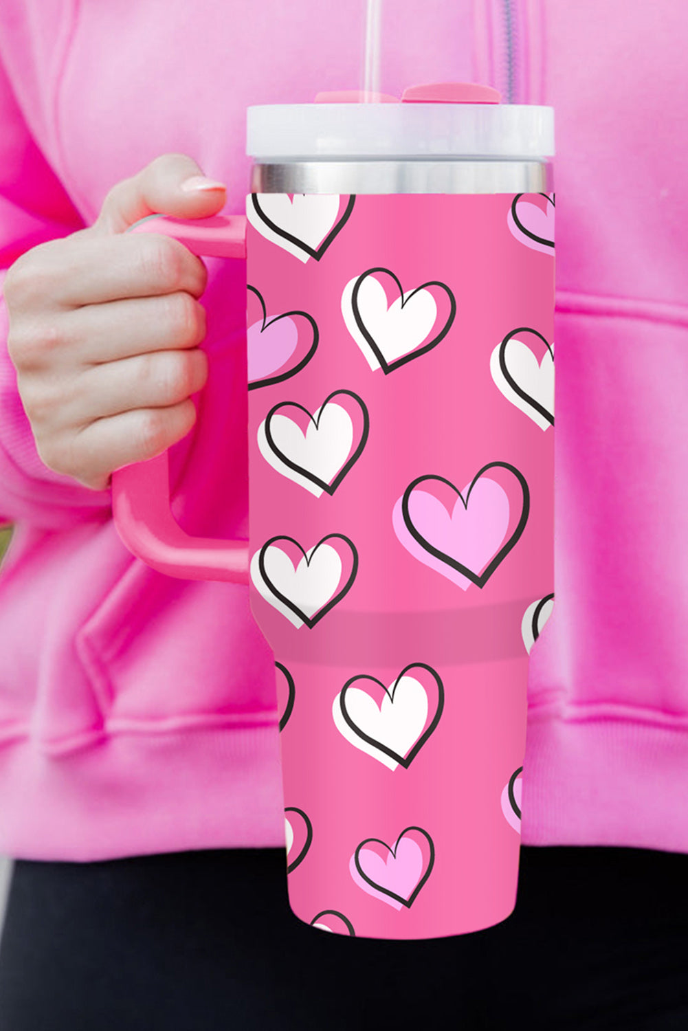 Pink Hearts Tumbler Cup With Handle 40oz
