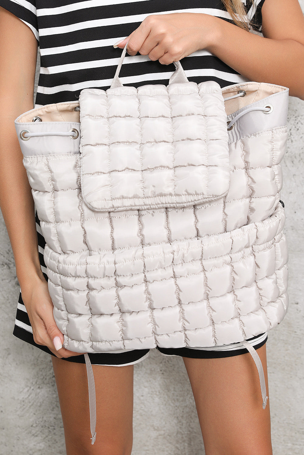 Pink Solid Flapped Quilted Puffer Backpack