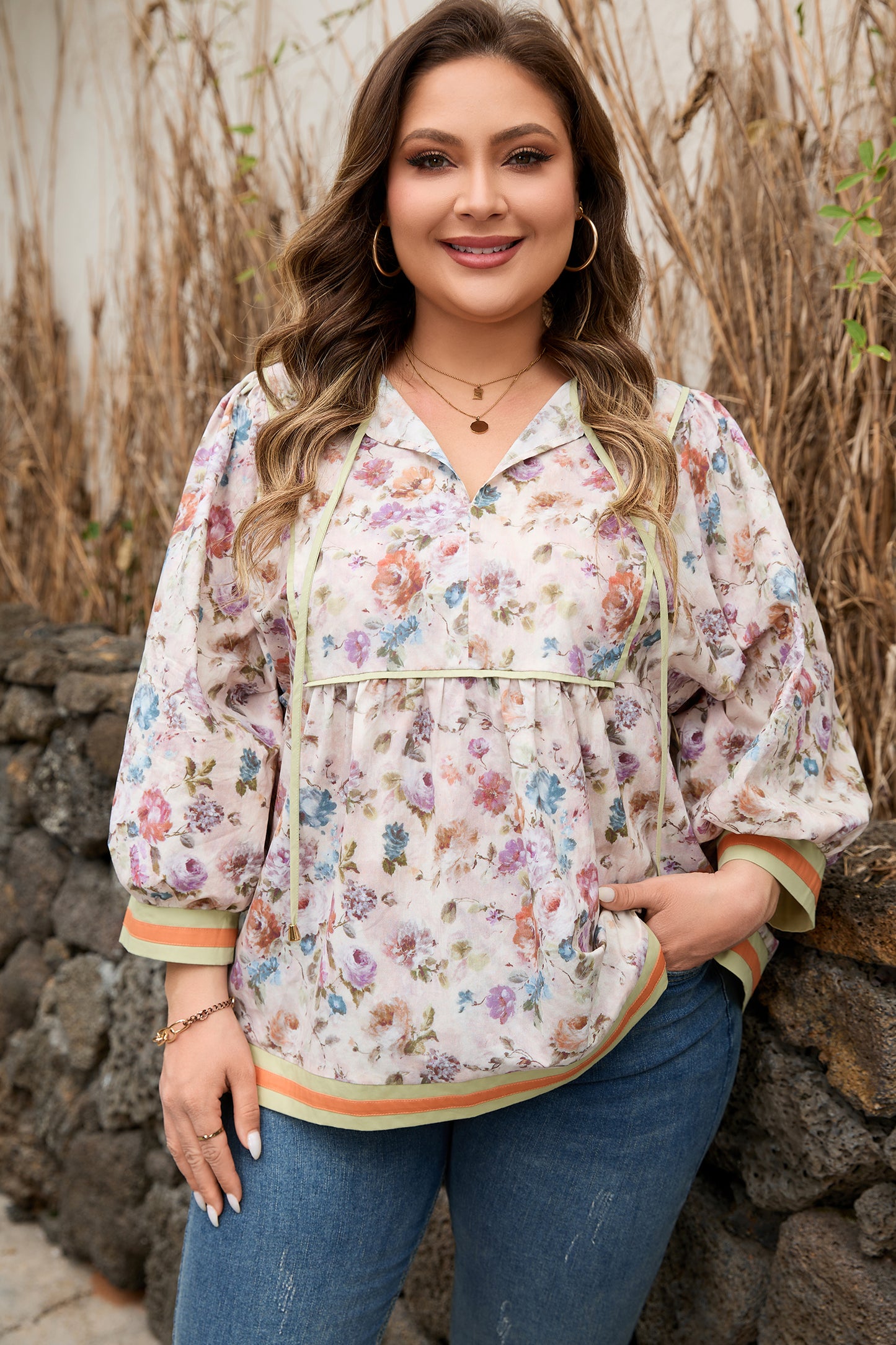 Plus Size Floral Print Contrast Trim Striped Detail Babydoll Blouse