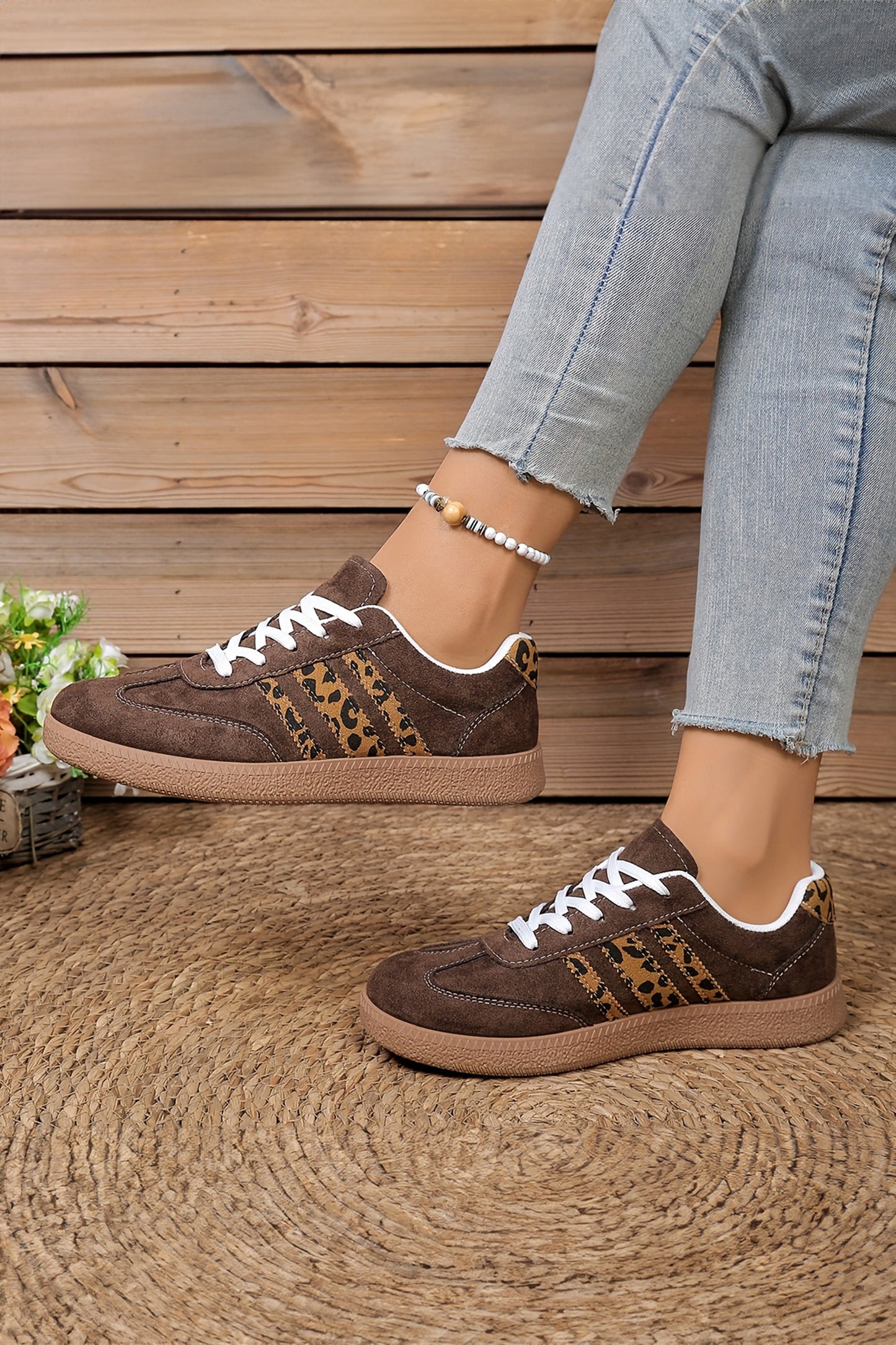 Coffee Contrast Lace Up Leopard Patchwork Detail Faux Suede Shoes