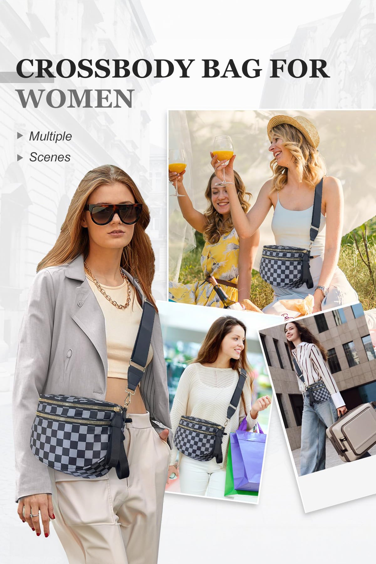 Pink Checkered Print Wide Strap Large Crossbody Bag