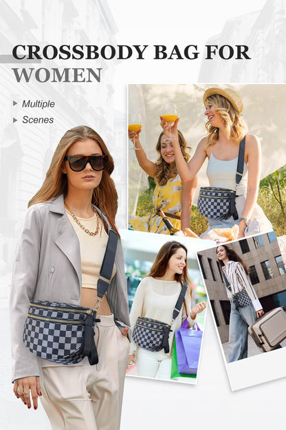 Pink Checkered Print Wide Strap Large Crossbody Bag