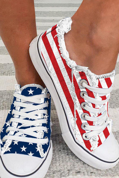 Blue American Flag Lace Up Canvas Flat Shoes