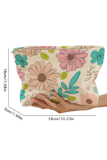 White Floral Print Corduroy Makeup Bag