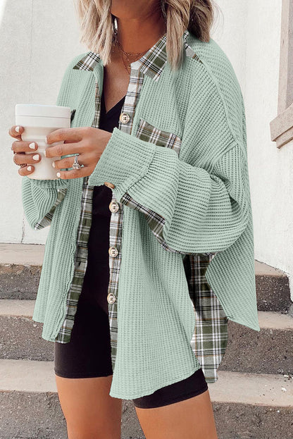Meadow Green Plaid Patchwork Waffle Thermal Knit Shacket