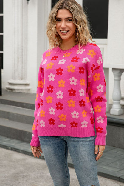 Rose Cute Flower Allover Ribbed Trimmed Drop Shoulder Pullover Sweater
