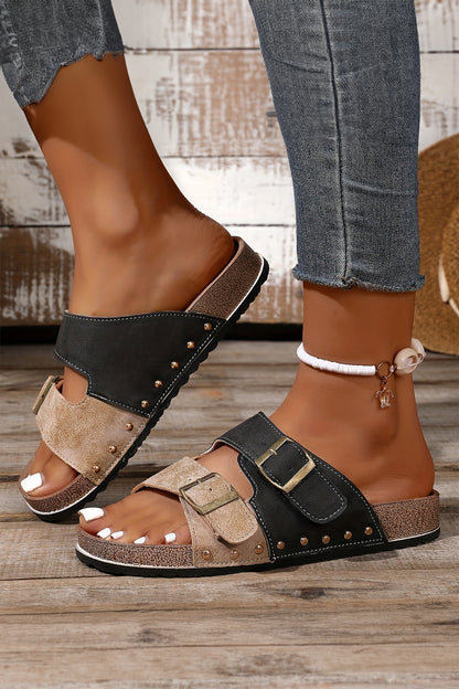 Color black Leopard Two-tone Retro Buckle Straps Hollowed Faux Suede Slippers