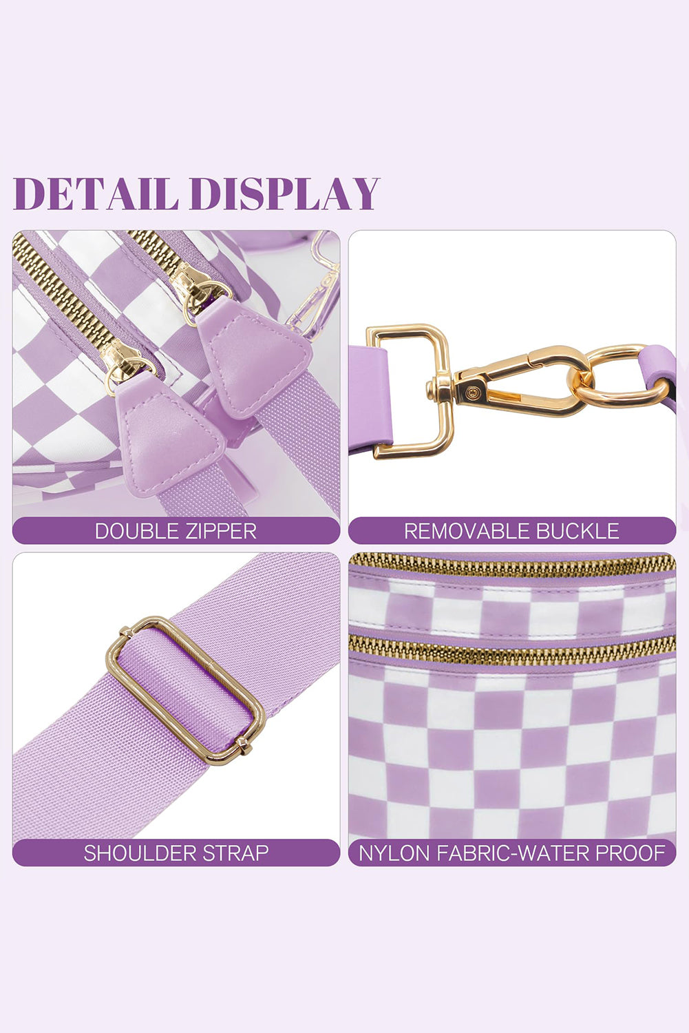 Pink Checkered Print Wide Strap Large Crossbody Bag