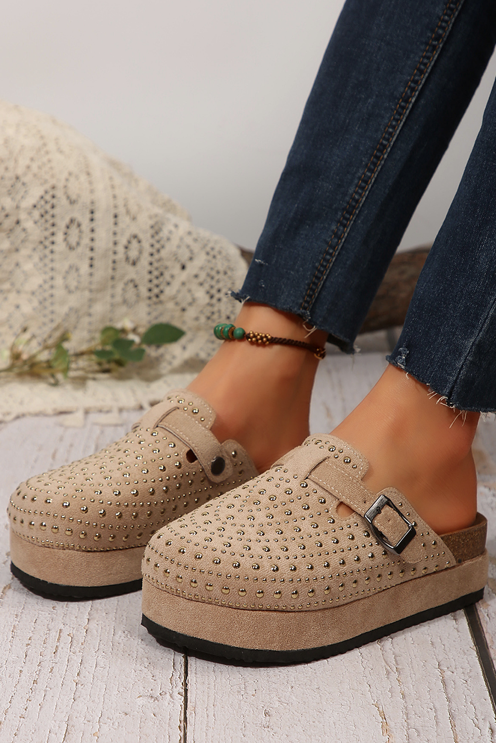 Parchment Rivet Buckle Closed Toe Platform Shoes