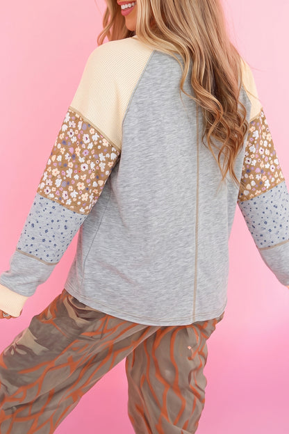 Apricot Pink Color Block Floral Waffle Mixed Patchwork Long Sleeve Top