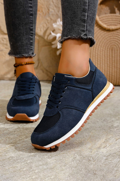 Navy Blue Faux Suede Mixed Patchwork Retro Jogger Sneakers
