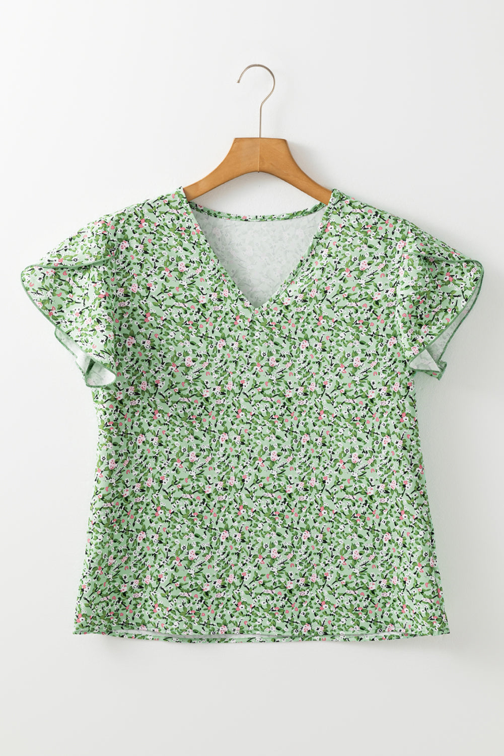 Green Floral V Neck Wrap Short Sleeve Blouse