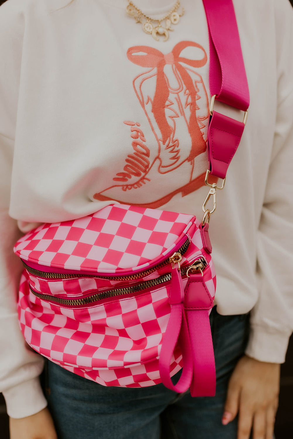 Pink Checkered Print Wide Strap Large Crossbody Bag