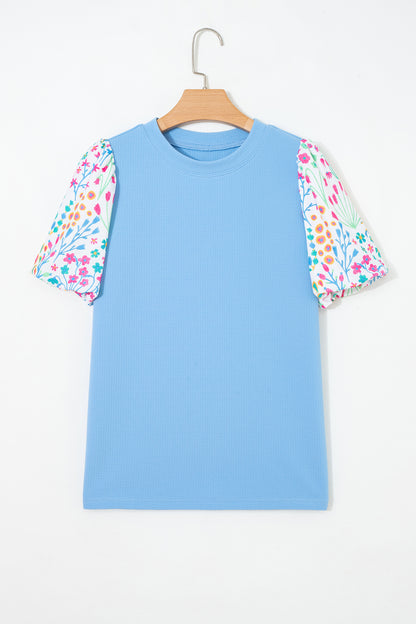 Light Blue Round Neck Textured Contrast Floral Bubble Sleeve Blouse