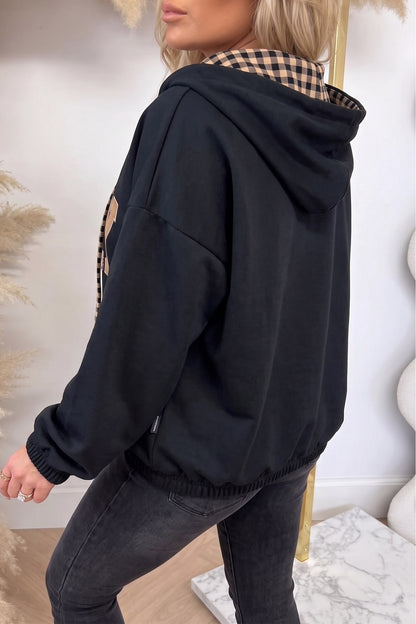 Chicory Coffee PRAY Mix Pattern Letter Graphic Plaid Contrast Drawstring Hoodie