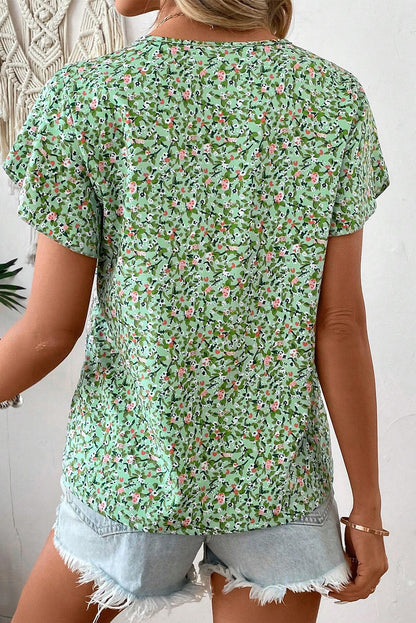 Green Floral V Neck Wrap Short Sleeve Blouse