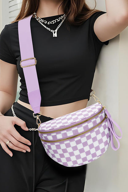 Pink Checkered Print Wide Strap Large Crossbody Bag