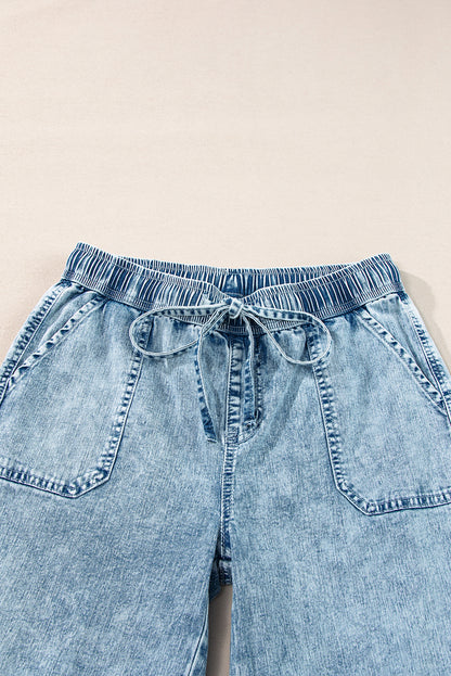 Myosotis Mineral Wash Drawstring Elastic Waistband Loose Straight Denim Pants