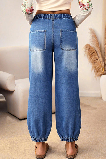 Blue Four Buttons Front Tapered Casual Loose Fit Jeans