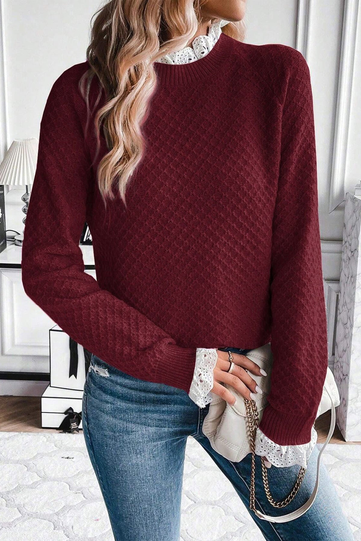 Burgundy Contrast Lace Frilled Trim Raglan Sleeve Sweater