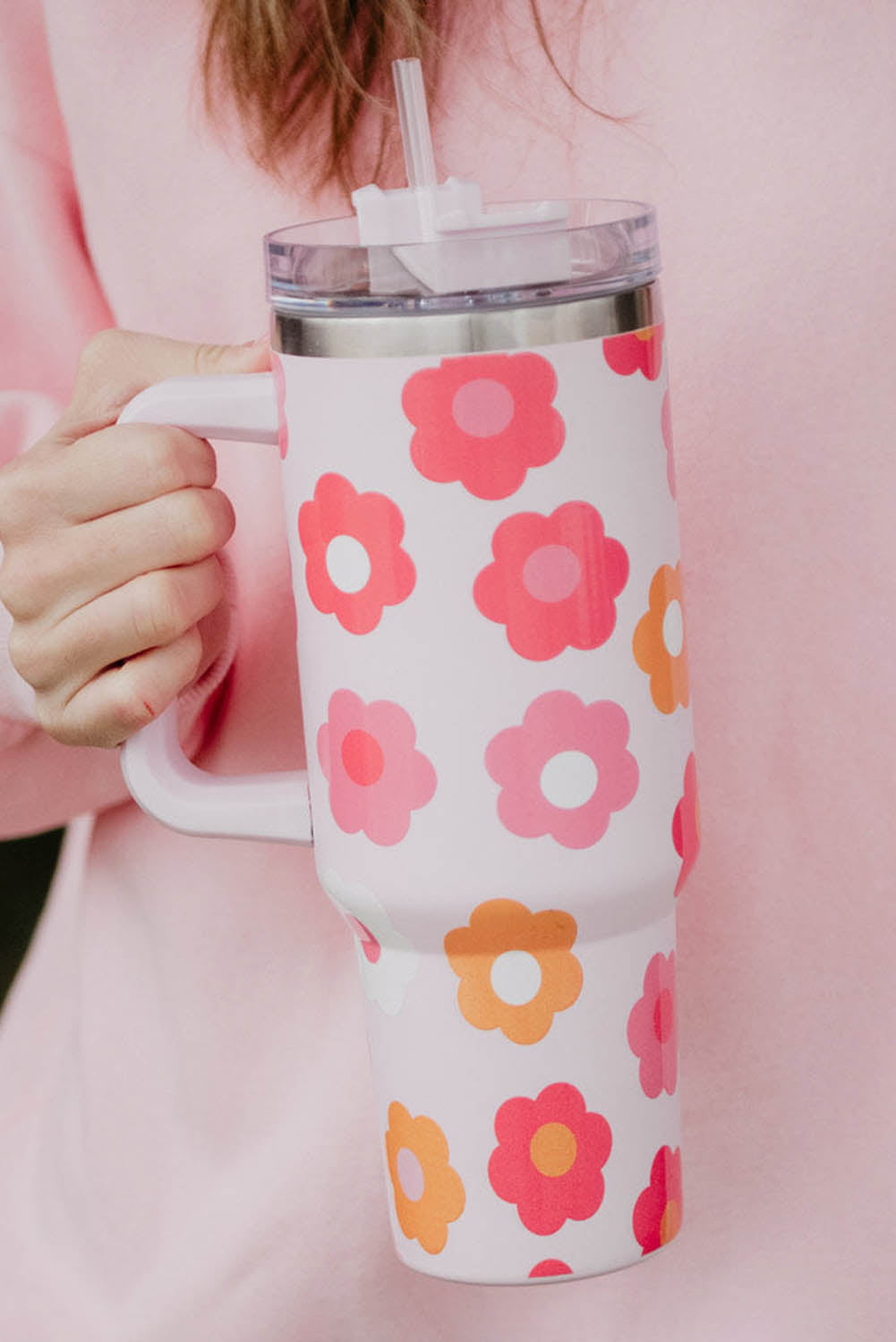 Flower Tumbler Stainless Steel Cup 40oz With Handle Vacuum Insulation