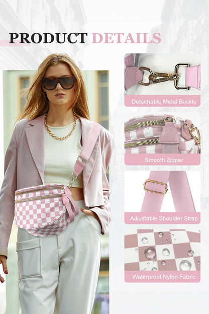 Pink Checkered Print Wide Strap Large Crossbody Bag