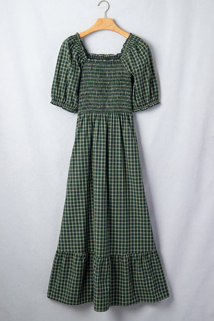 Green Plaid Square Neck Shirred High Waist Ruffle Hem Dress