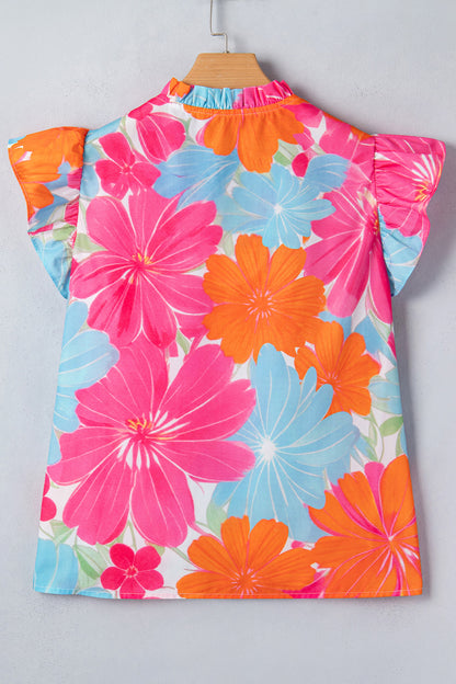 Multicolor Vibrant Flower Printed Tie V Neck Ruffle Trim Sleeveless Blouse