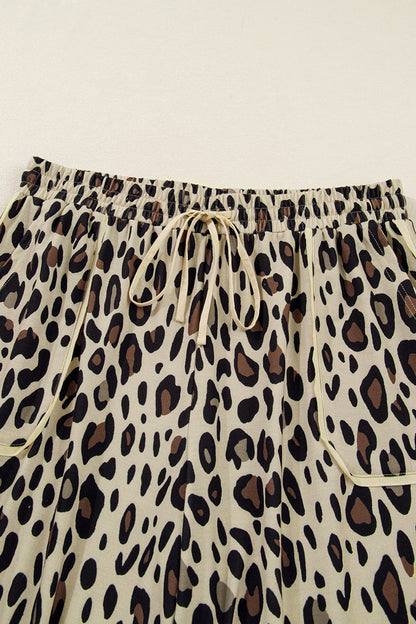 Khaki Exposed Seam Patched Pocket Plus Size Drawstring Leopard Wide Leg Pants