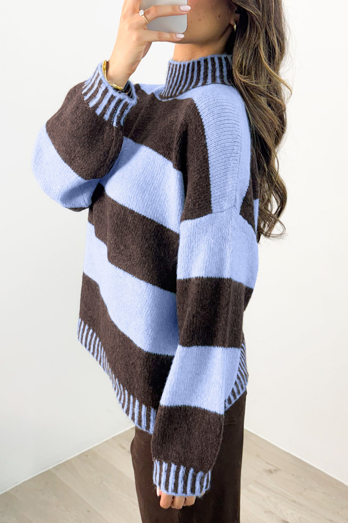 Pink Stripe Contrast High Neck Dropped Shoulder Relaxed Pullover Sweater