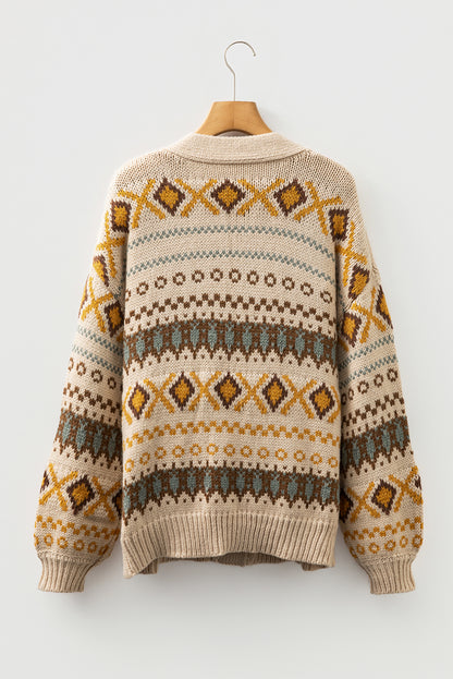 Khaki Western Pattern Knitted Button V Neck Cardigan Sweater