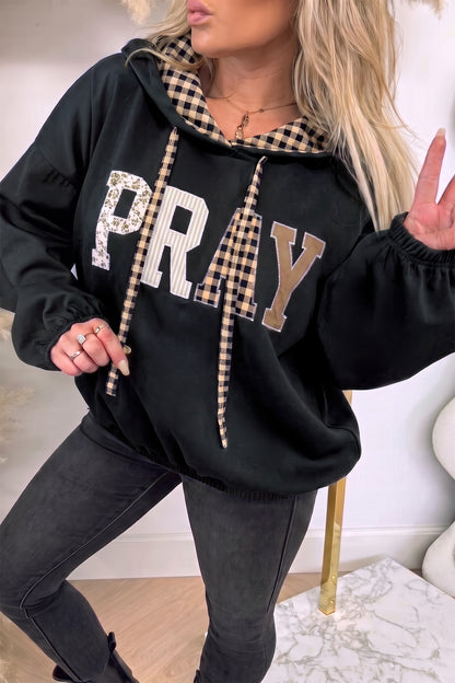 Chicory Coffee PRAY Mix Pattern Letter Graphic Plaid Contrast Drawstring Hoodie