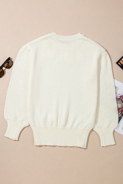 White Flower Detail Round Neck Contrast Textured Puff Sleeve Sweater