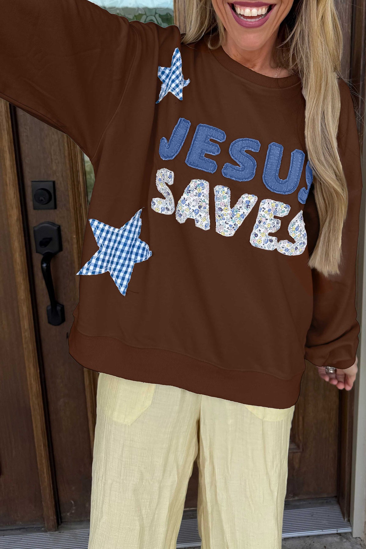 Pink Patchwork Stars Plaid Unique Floral Letters Baggy Sweatshirt