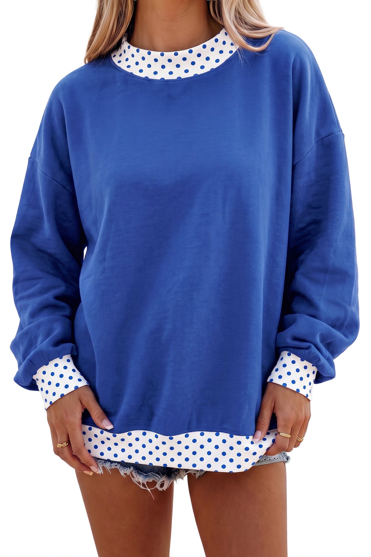 Pink Colorblock Polka Dot Contrast Trim Oversized Sweatshirt