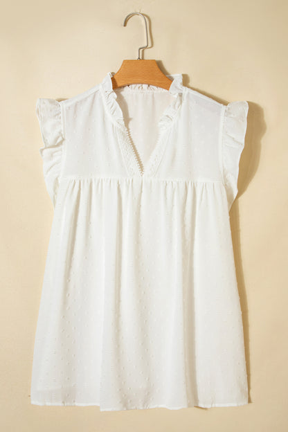 White Plus Size Swiss Dot Ruffle Lace Trim V Neck Tank Top