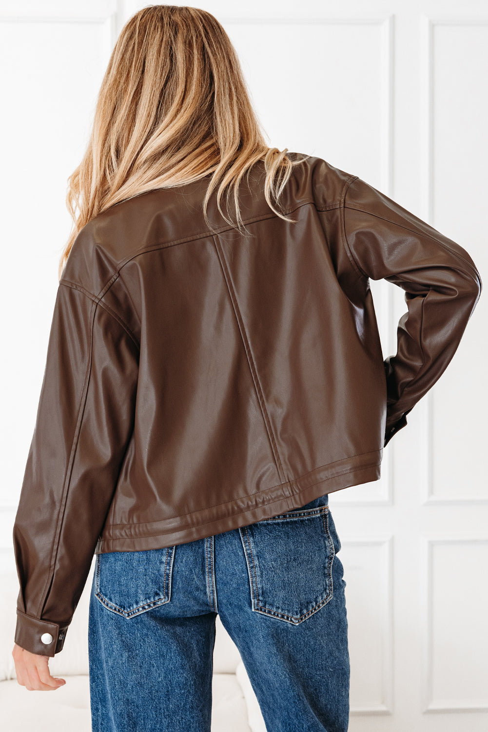 Chicory Coffee Double Flap Pocket Drawstring Hem Leather Jacket