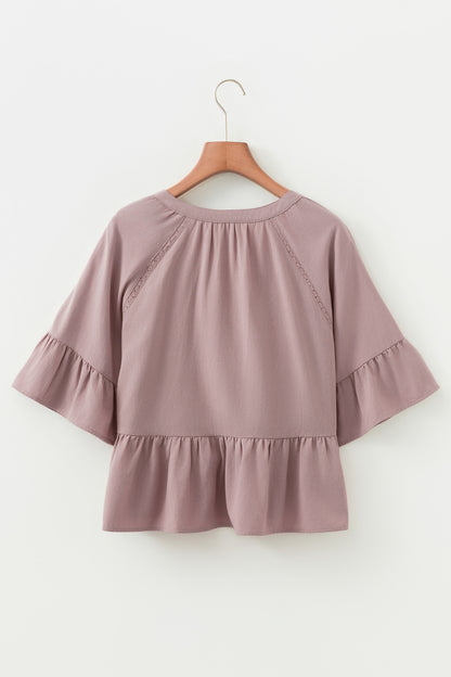 Sepia Rose Slit V Neck Ruffled Loose Blouse