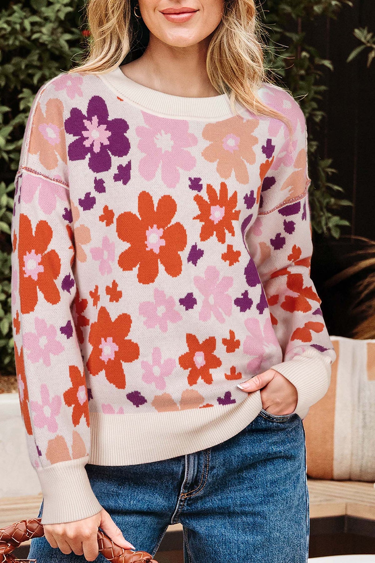 Khaki Fall Floral Pattern Drop Shoulder Sweater