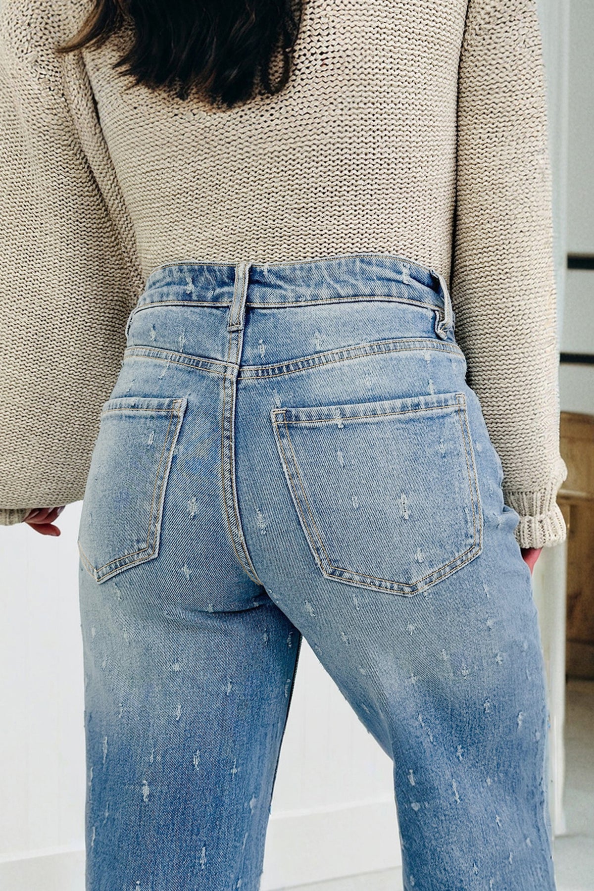 Mist Blue Distressed Detail Tummy Control Raw Hem Jeans