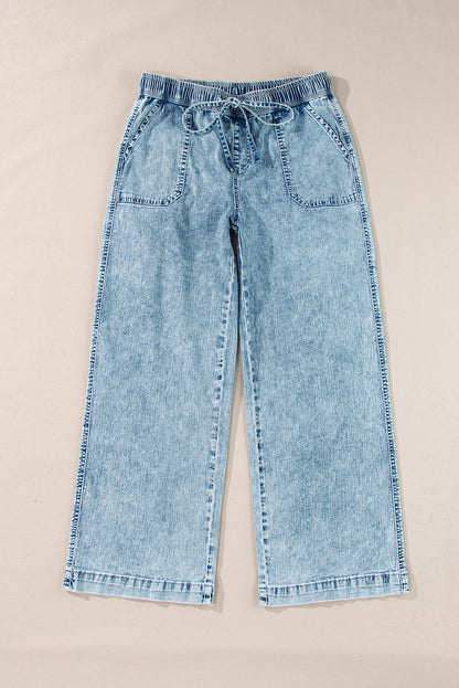 Myosotis Mineral Wash Drawstring Elastic Waistband Loose Straight Denim Pants