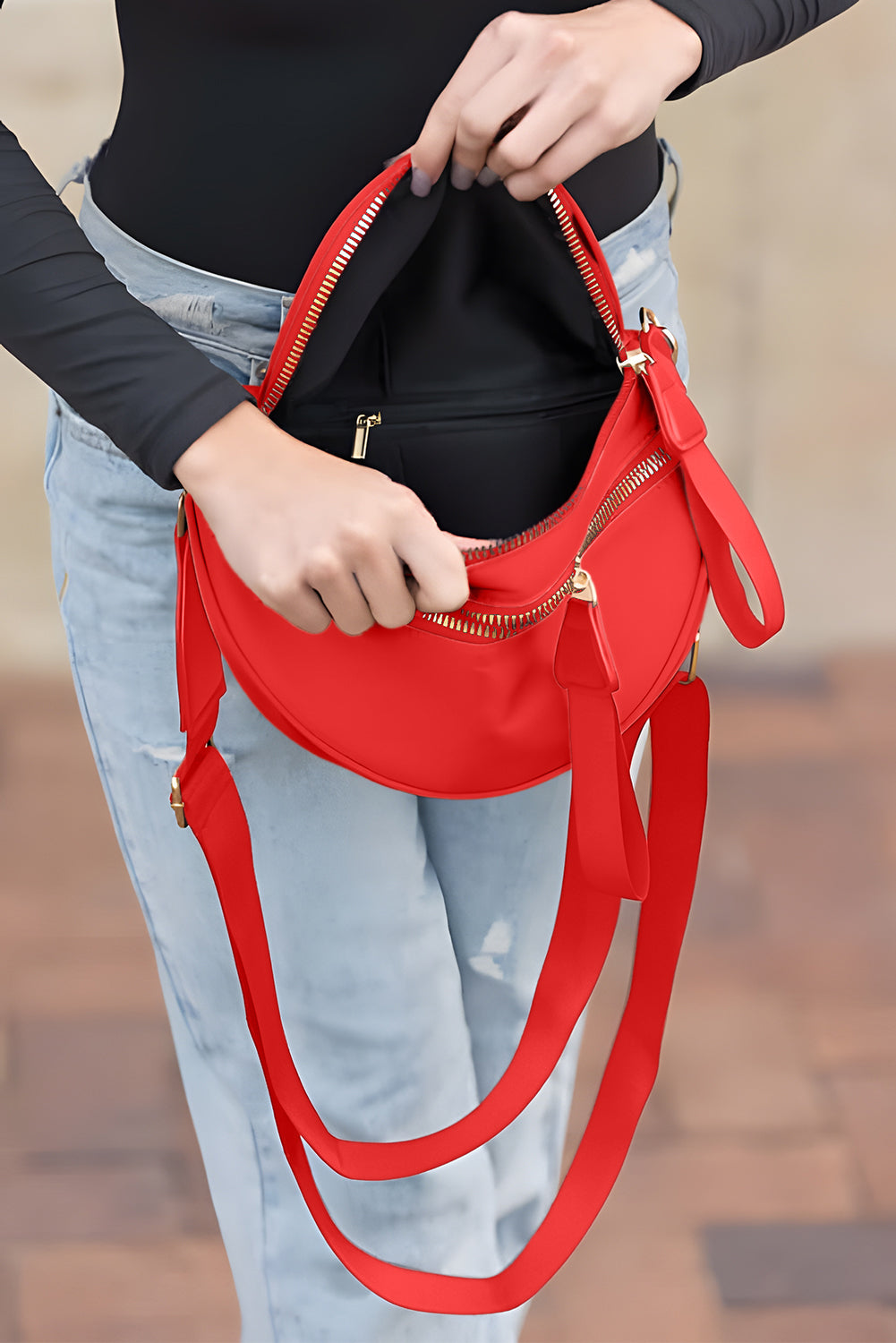 Pink Double Zip Crescent Shape Adjustable Sling Bag