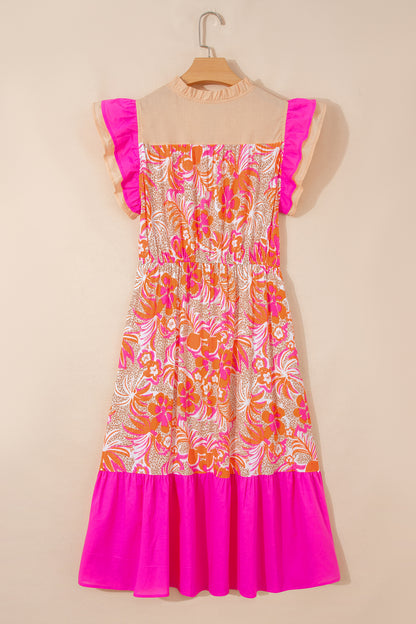 Rose Floral Print Color Block Ruffled Short Sleeve Flared Midi Dress