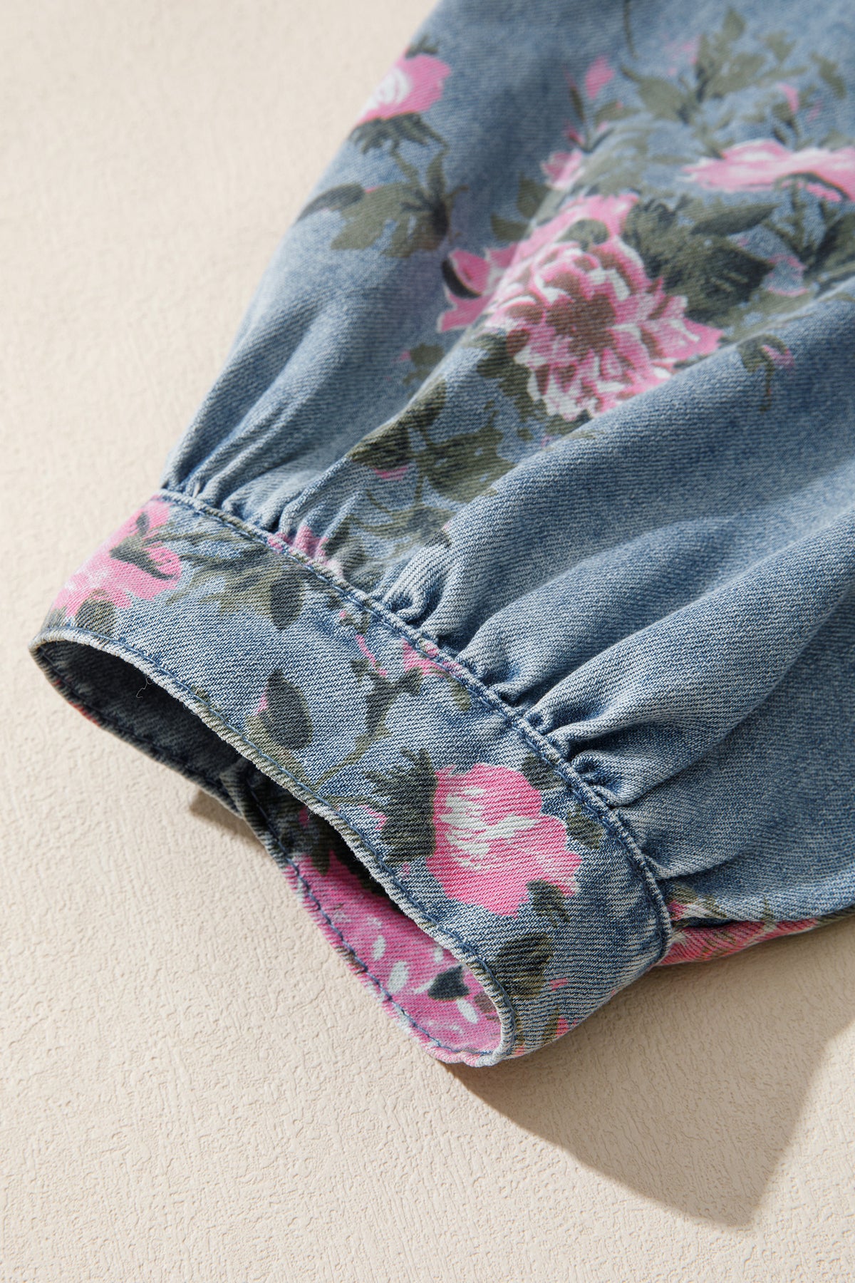 Blue Bracelet Sleeve Floral Denim Shirt